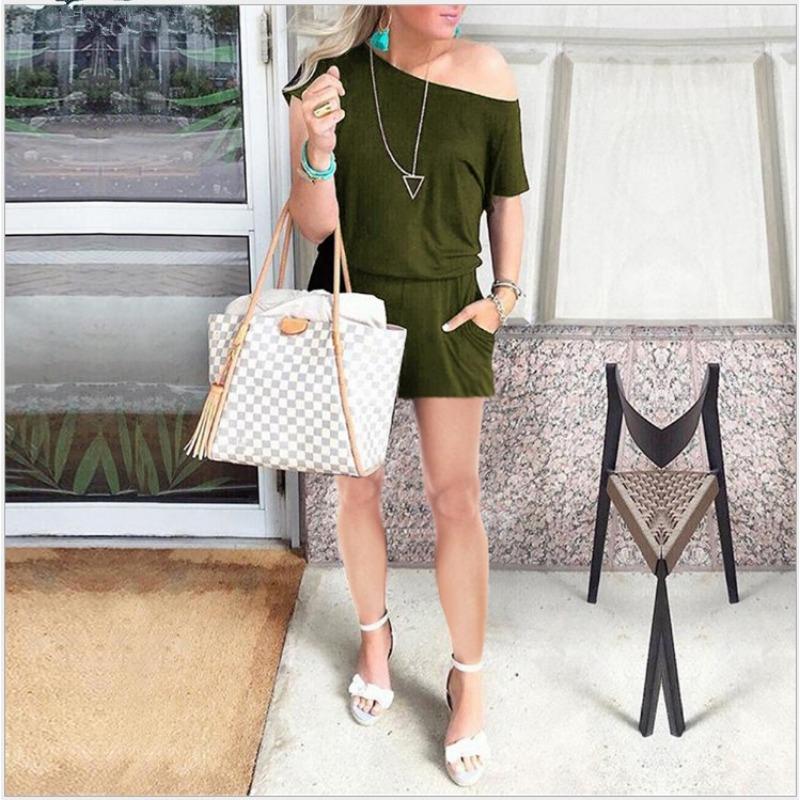 

Женский весенне-летний модный комбинезон с косыми плечами и короткими рукавами и карманами S армия зеленый