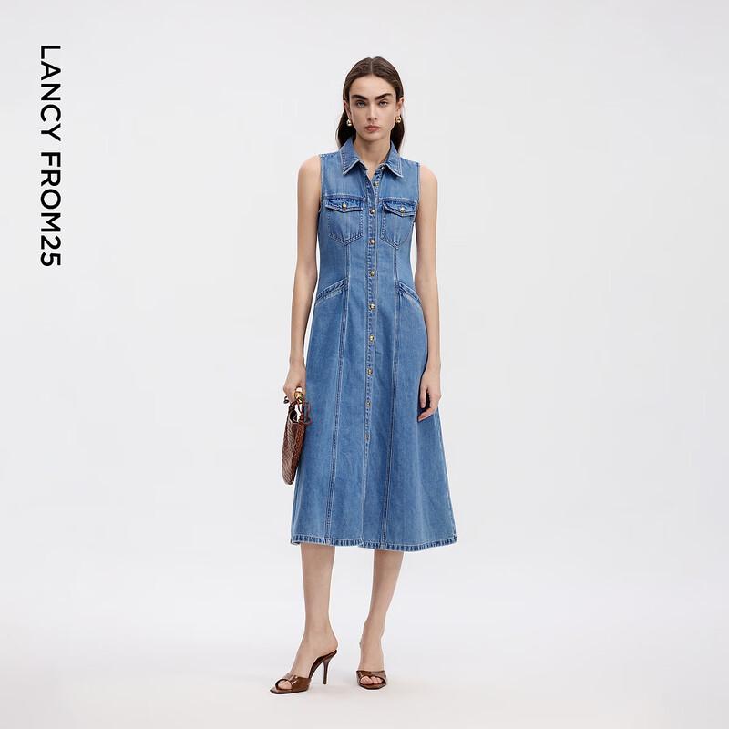 LANCY 25 Sleeveless Umbrella Hem Denim Shirt Dress