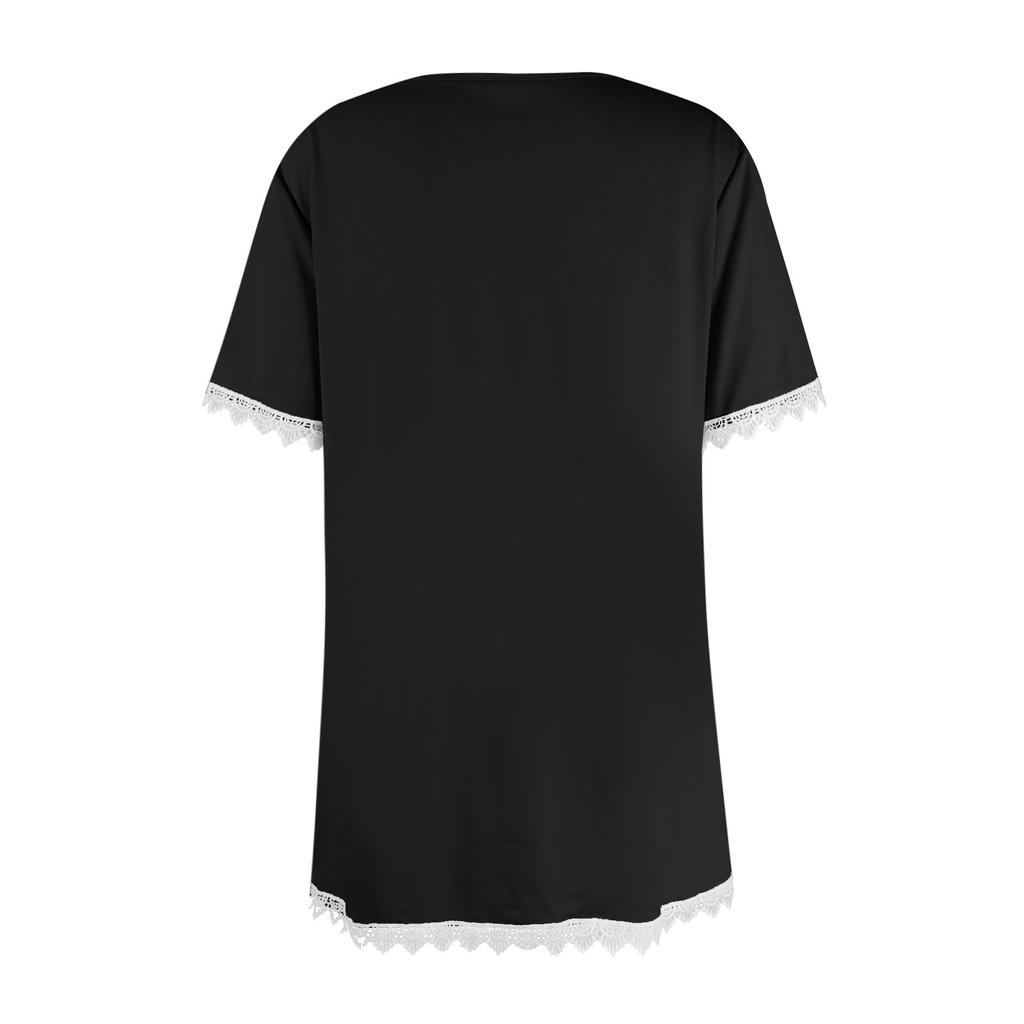 Women's Color Patchwork New Lace Round Neck Short Sleeved Top With A Base