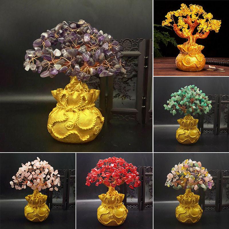 Exquisite Feng Shui Money Tree Featuring Yellow Citrine And Amethyst Crystal Leaves