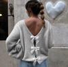 Women French Style Deep V Backless Bow Tie Long Sleeve Knit Sweater, Sexy Slim Fit Autumn Winter Fashion Top