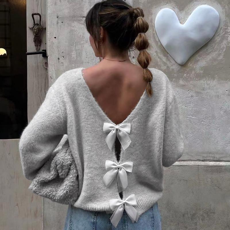 Women French Style Deep V Backless Bow Tie Long Sleeve Knit Sweater, Sexy Slim Fit Autumn Winter Fashion Top