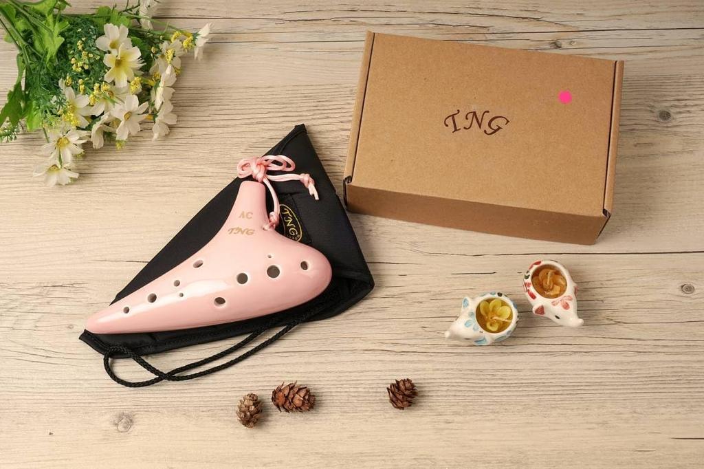 TNG Ocarina Single [12 Holes / Alto / Pink] High-Quality C Key AC (Fingering Chart Included) Wind Instrument, Glazed Finish