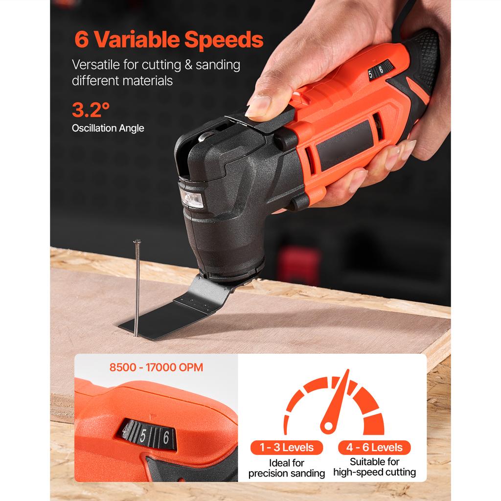 SucceBuy Cordless Oscillating Tool 20V Multitool Oscillating Tool with 6 Variable Speeds 8500 - 17000 OPM 3.2° Oscillating Angle
