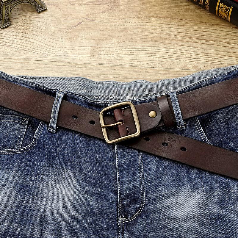 Belt Men'S Genuine Leather Ancient Copper Buckle Retro Knock Bag Head Layer Real Cowhide Belt Japanese Buckle Handmade Smooth Edge Vegetable Tanned