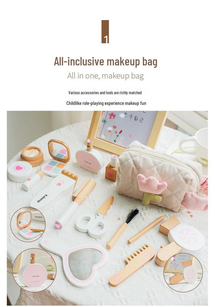 Korean Style Wooden Pretend Makeup Set: Eyeshadow, Powder, Lipstick, Perfume & Hairdressing