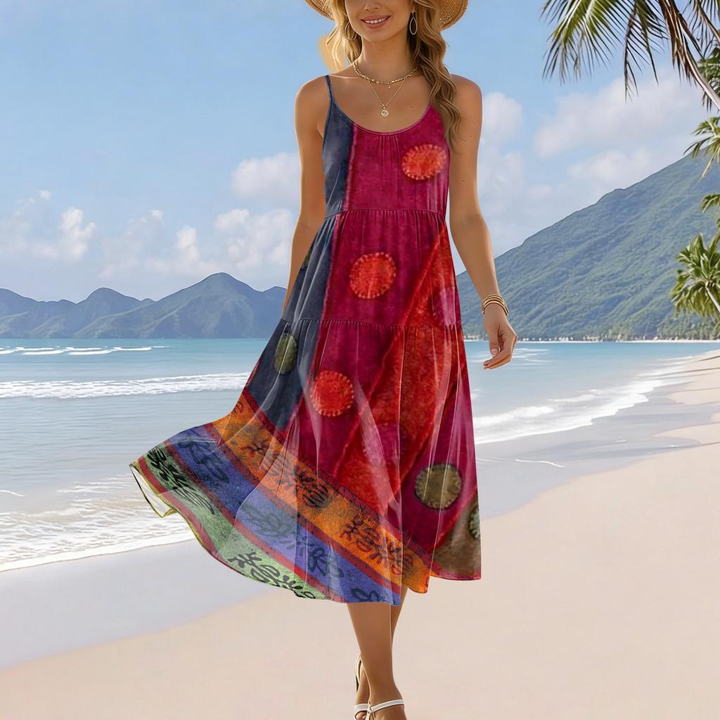 Women’s Summer Floral Print Bohemian Casual Beach Holiday Sundress with Adjustable Spaghetti Straps and Pockets