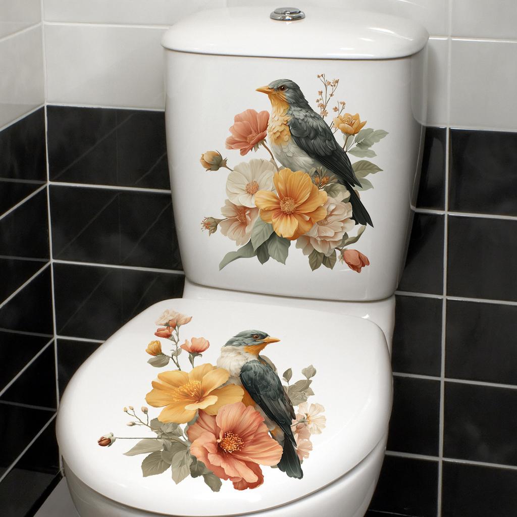 Retro Floral and Bird Toilet Paper for Bathroom Self-adhesive Morandi Floral and Bird Toilet Decoration Stickers