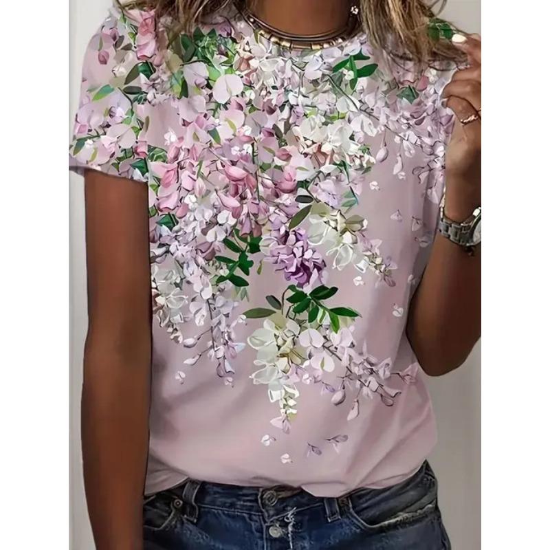 Summer Casual Style Round Neck Pullover Short Sleeved Top with 3D Floral Pattern Printed Women's T-shirts