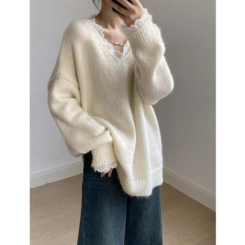 New Korean Fashion Lace Patchwork Pullover Loose Sweater Women Knitted Casual Versatile Tops Autumn and Winter V Neck Long Sleeve Solid Color Clothes
