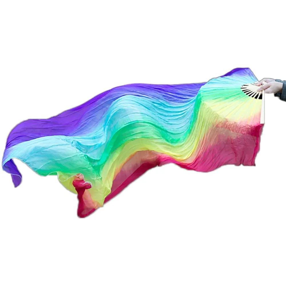 Exquisite 150cm Belly Dancing Fan Gradient Color Bamboo Dance Long Fan Chinese Style Imitation Silk Yangko Dance Props Women