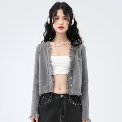 Mizaç kısa üst örme hırka kazak gevşek örgü ceket 2023 ilkbahar ve sonbahar uzun kollu V yaka hırka kazak kadın