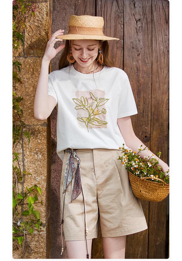 Cool and Antibacterial: Fragrant Shadow Embroidered Printed White T-shirt for Women, 2026 Summer New Round Neck Short Sleeve Cotton Top