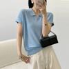 Women Summer New Polo Collar Button V Neck Short Sleeve Ribbed Knit Casual Top
