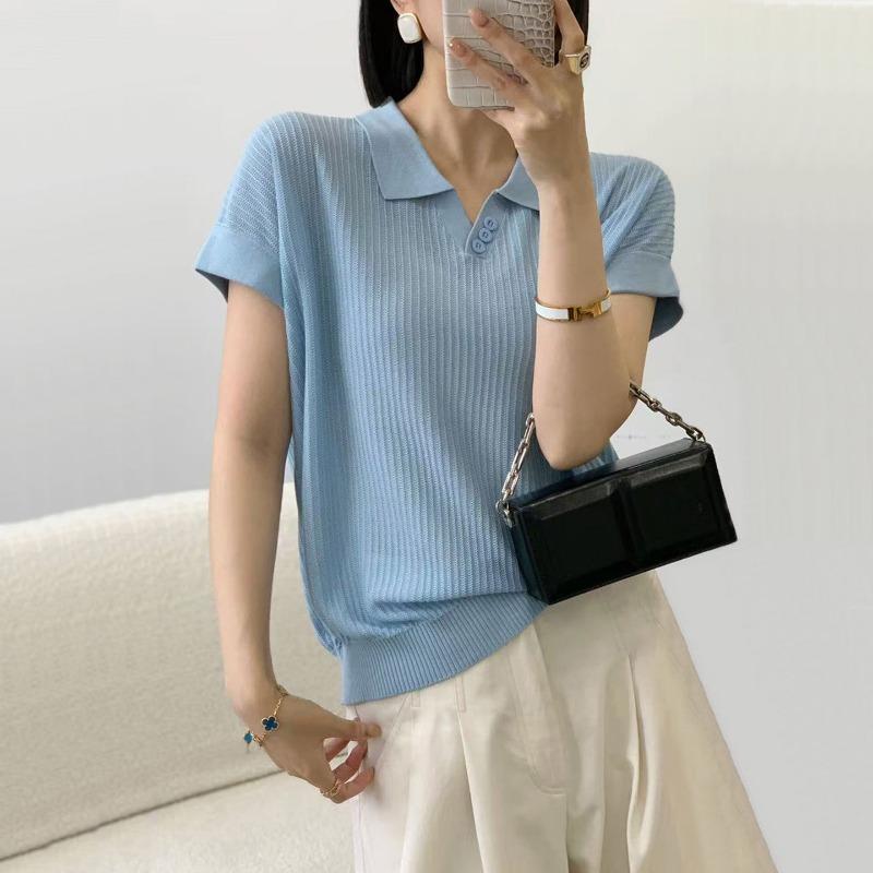 Women Summer New Polo Collar Button V Neck Short Sleeve Ribbed Knit Casual Top