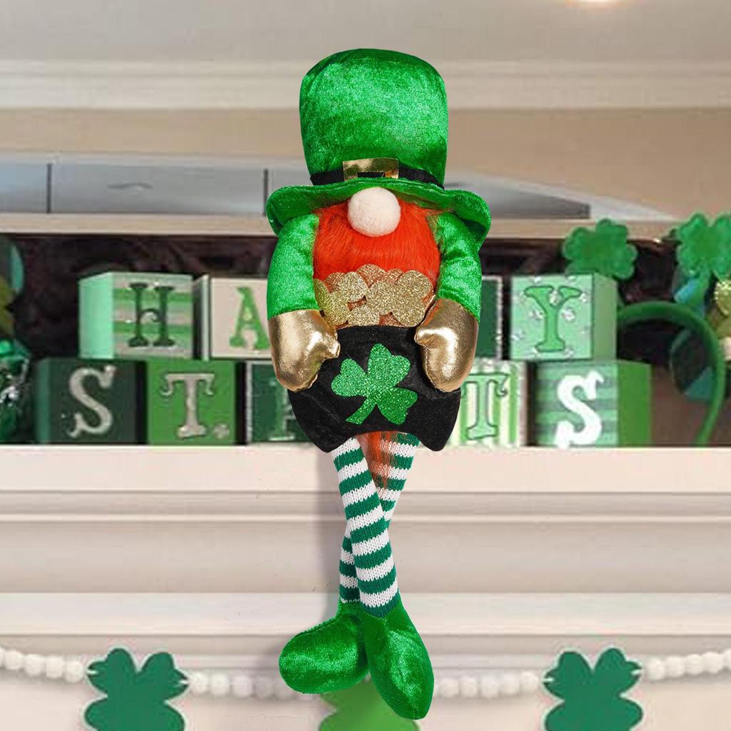 St. Patrick's Day Long-Legged Gnome Doll with Four-Leaf Clover - Green Ornament for Home Decor