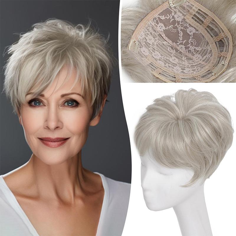 Kurzer Lockiger Synthetischer Schwarz/Grauer Topper Haarverlängerung Pony Clip-In Extension Unsichtbare Spurenlose Haarverlängerung Abdeckung Weiß