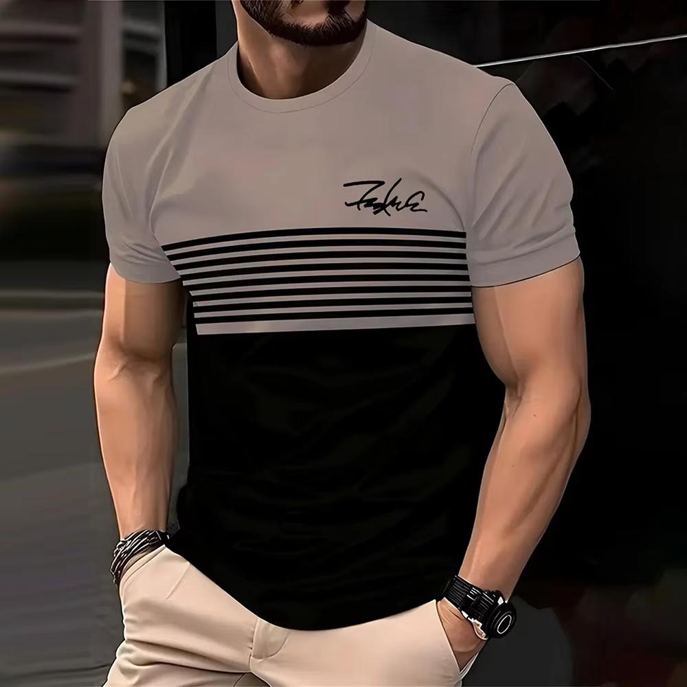 Fashion Striped Printed Short Sleeved T-shirt for Spring and Summer Casual Round Neck T-shirt, Soft and Breathable Men's T-shirt