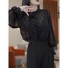 Chiffon Shirt Women's Autumn New Splicing Round Hole Uncle Solid Loose Versatile Casual Long-sleeved Top