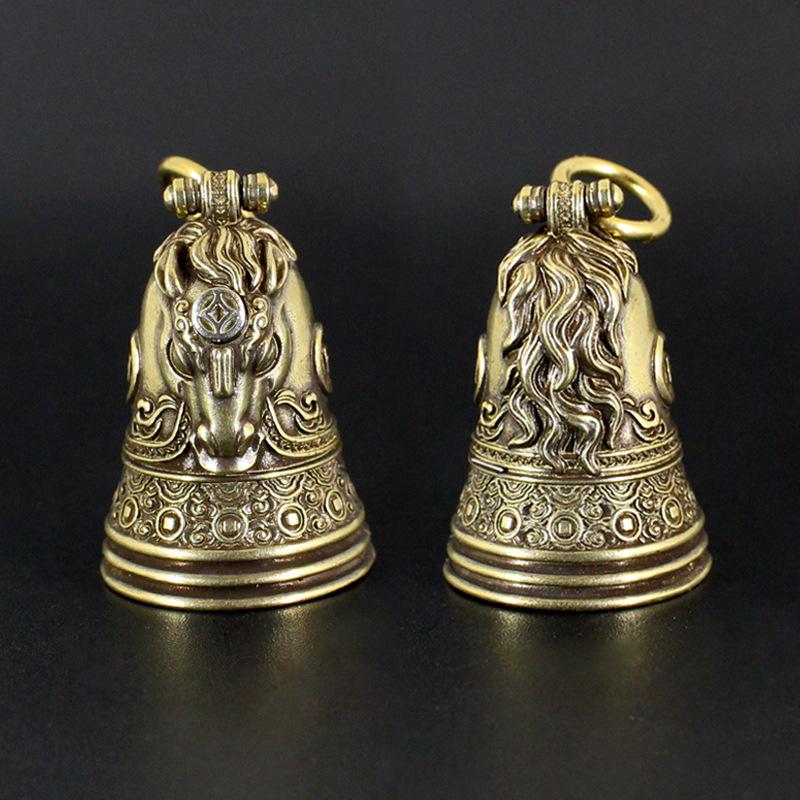 1Pc Retro Pure Copper Horse Face Evil-exorcising Bell Keychain Car Luggage Hanging Ornament