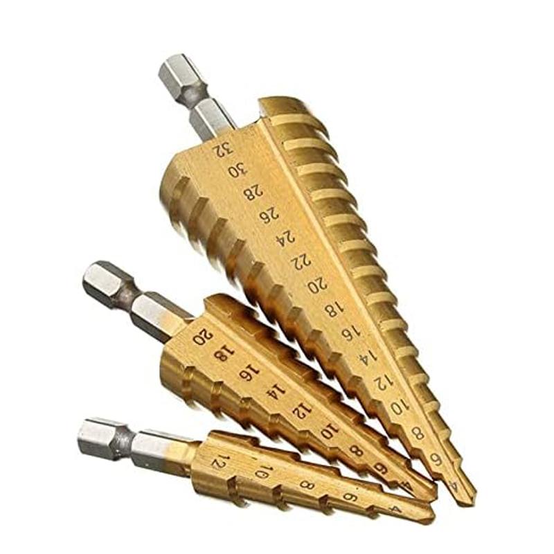Chiloskit 3 Pcs Large HSS Step Drill Bit Set - Titanium Coated,High Speed Steel Drill Cone Bits,3-Piece, 4-12/20/32mm