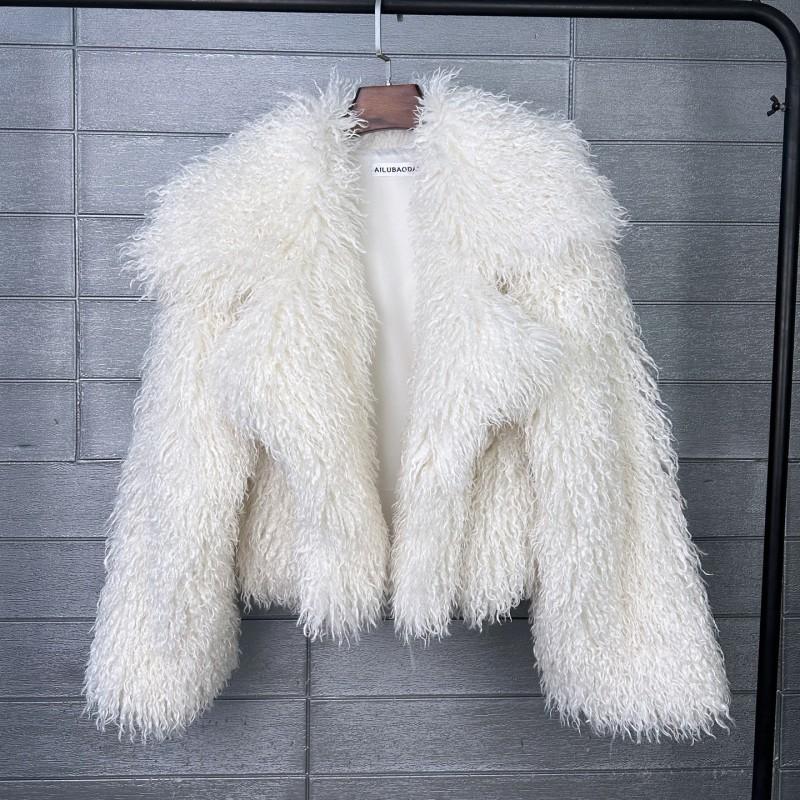 Womens Faux Fur Coat Loose Blazer Collar Tie-dye Plush Winter Warm Outerwear