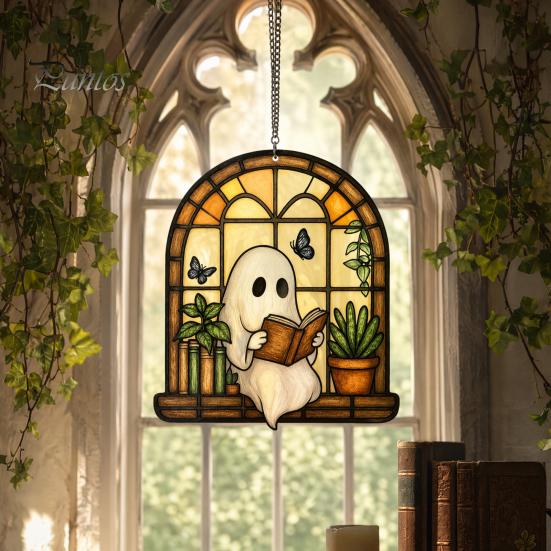 Window Suncatcher Decoration Halloween Ghost Reading Sun Catcher, Stained Glass Style Hanging Double-sided Translucent Ornament, Cute for Home Garden