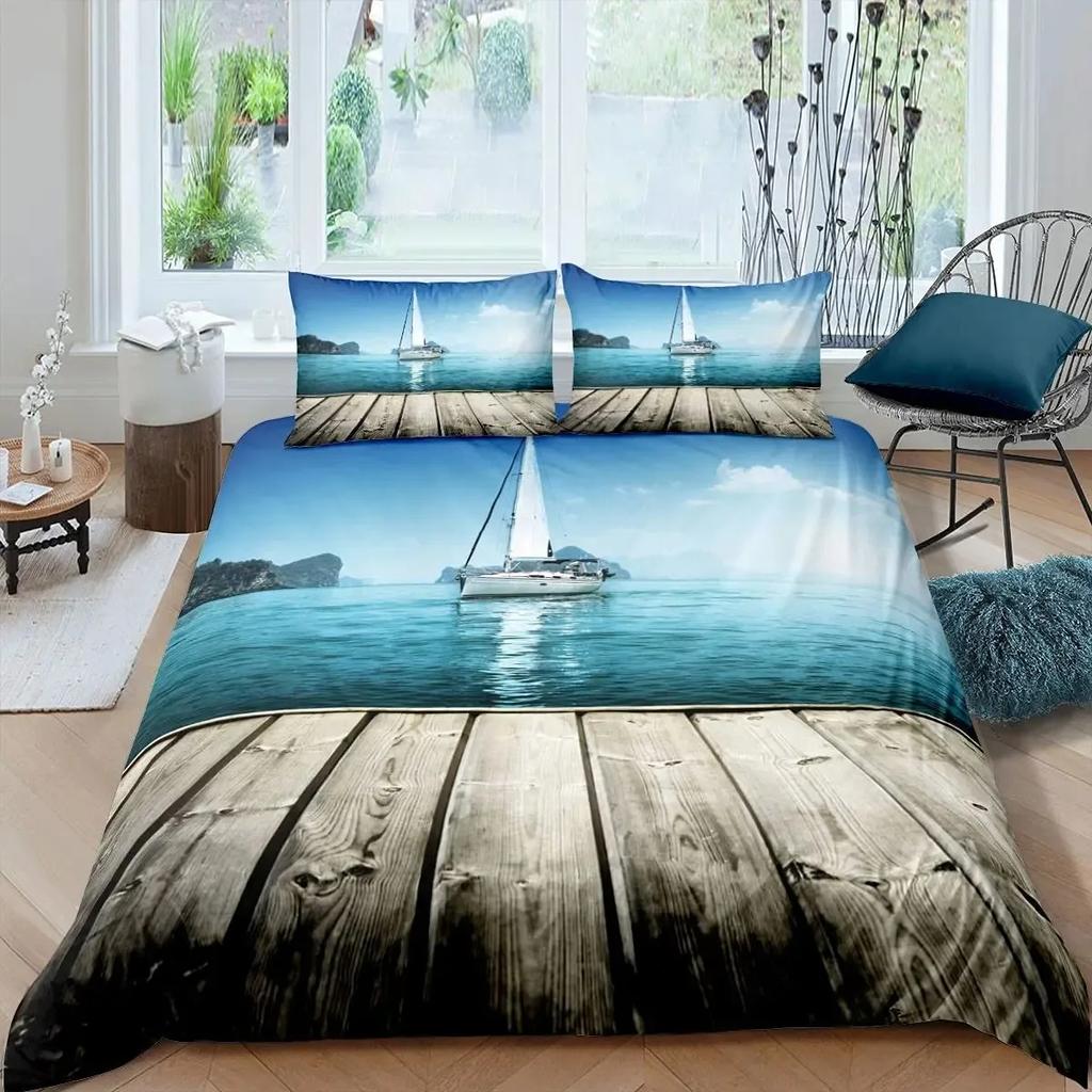 Pirate Duvet Cover Set Queen Sailboat Comforter Set Nautical Ocean Bedding Set Cool Style Quilt Cover Wave Print Decor Bedspread