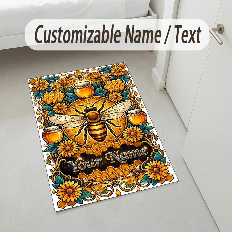 Golden Honey Bee Theme Soft Crystal Velvet Rug Custom Name & Text Print Non Slip Floor Rug for Bedroom Living Room