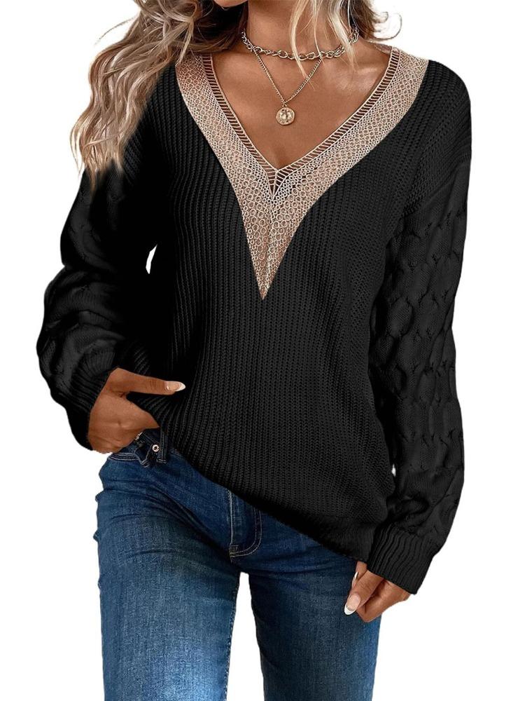 Autumn Winter Fashionable Sensual Lace V Neck Knit Drop Shoulder Pullover Sweater Top Luxurious Relaxed-fit Slimming and Versatile Top