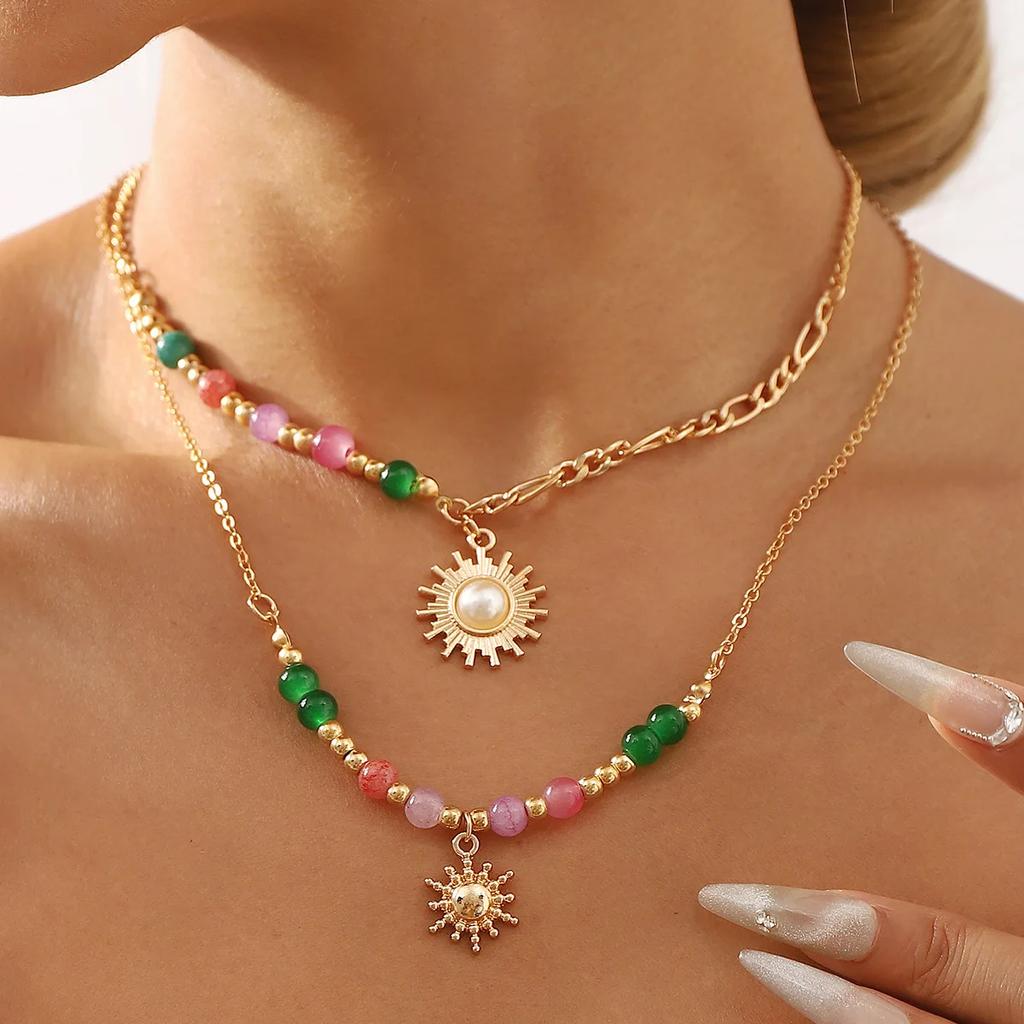 Vintage Sun Inlaid Pearl Women's Necklace Summer Party Dopamine Colored Glass Beads French Jewelry Gift