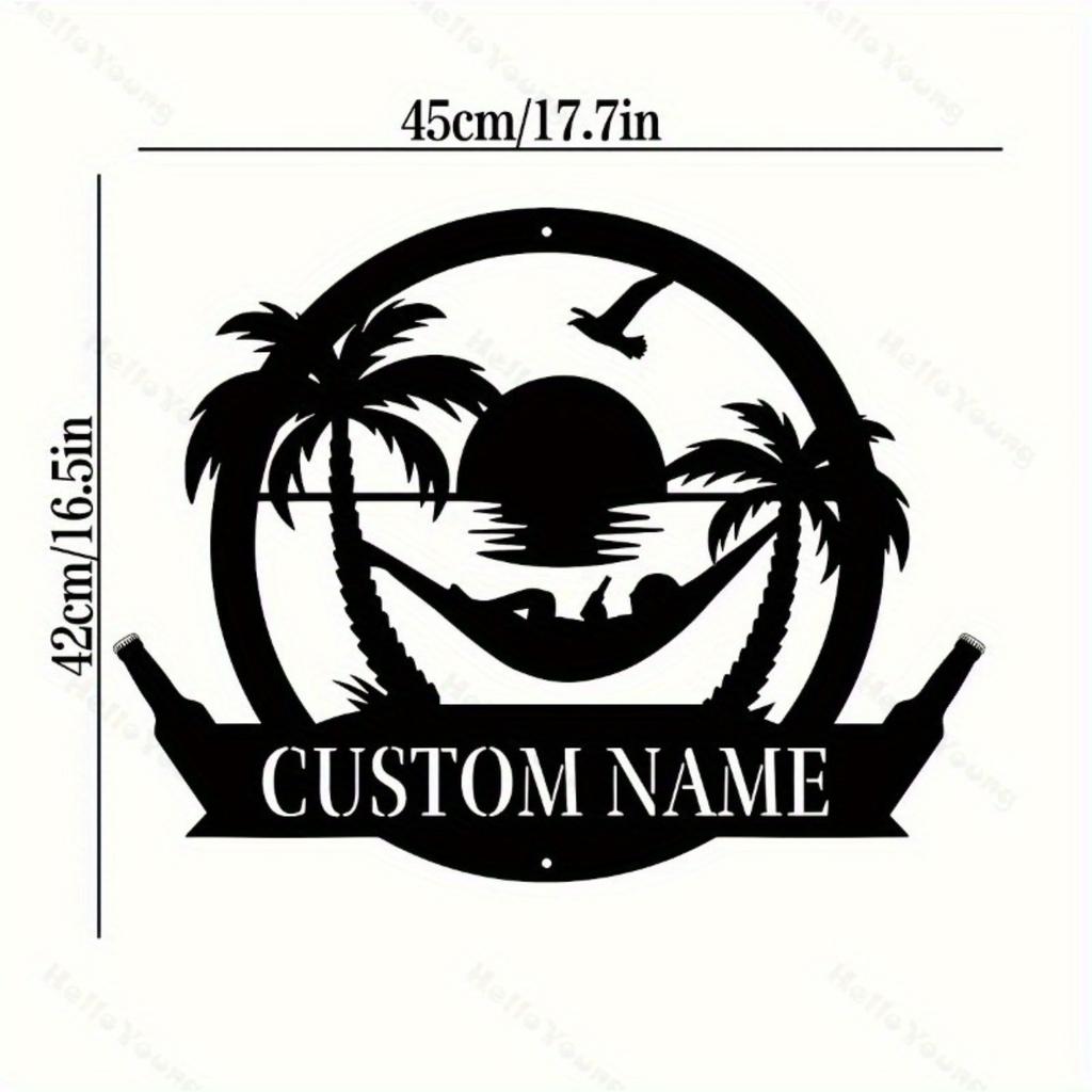 Custom Name Tropical Beach Metal Wall Art Sunset Seascape for Home Garden Patio