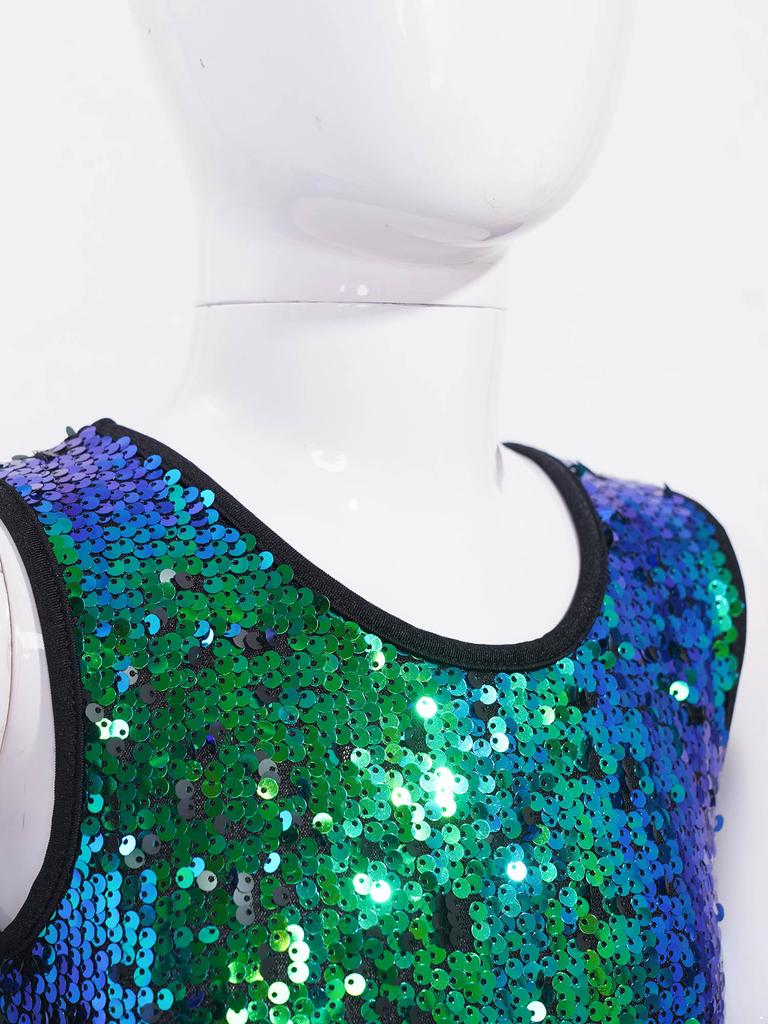 Kids Girls Sparkling Sequins Dance Clothes Set Sleeveless Criss Cross Straps Crop Top with Shorts