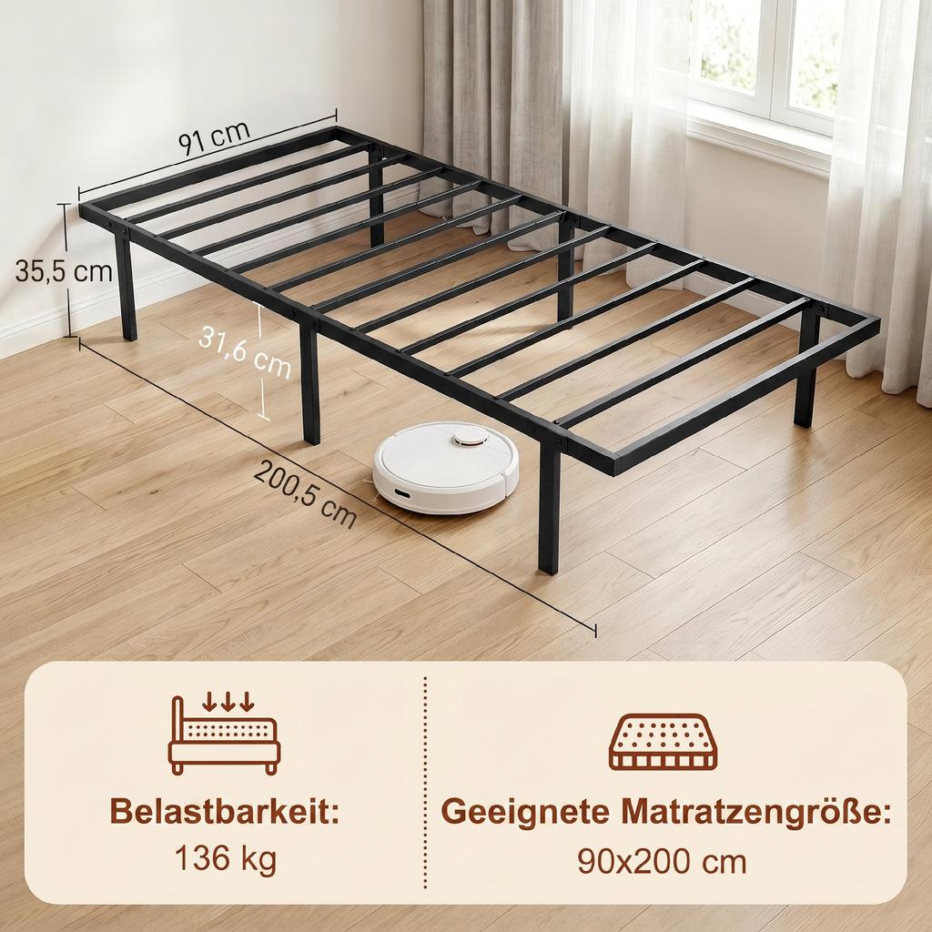 Struttura del letto, 90 x 200 cm Letto in metallo con spazio sotto il letto, Struttura in metallo con base a doghe, Non richiede rete a doghe