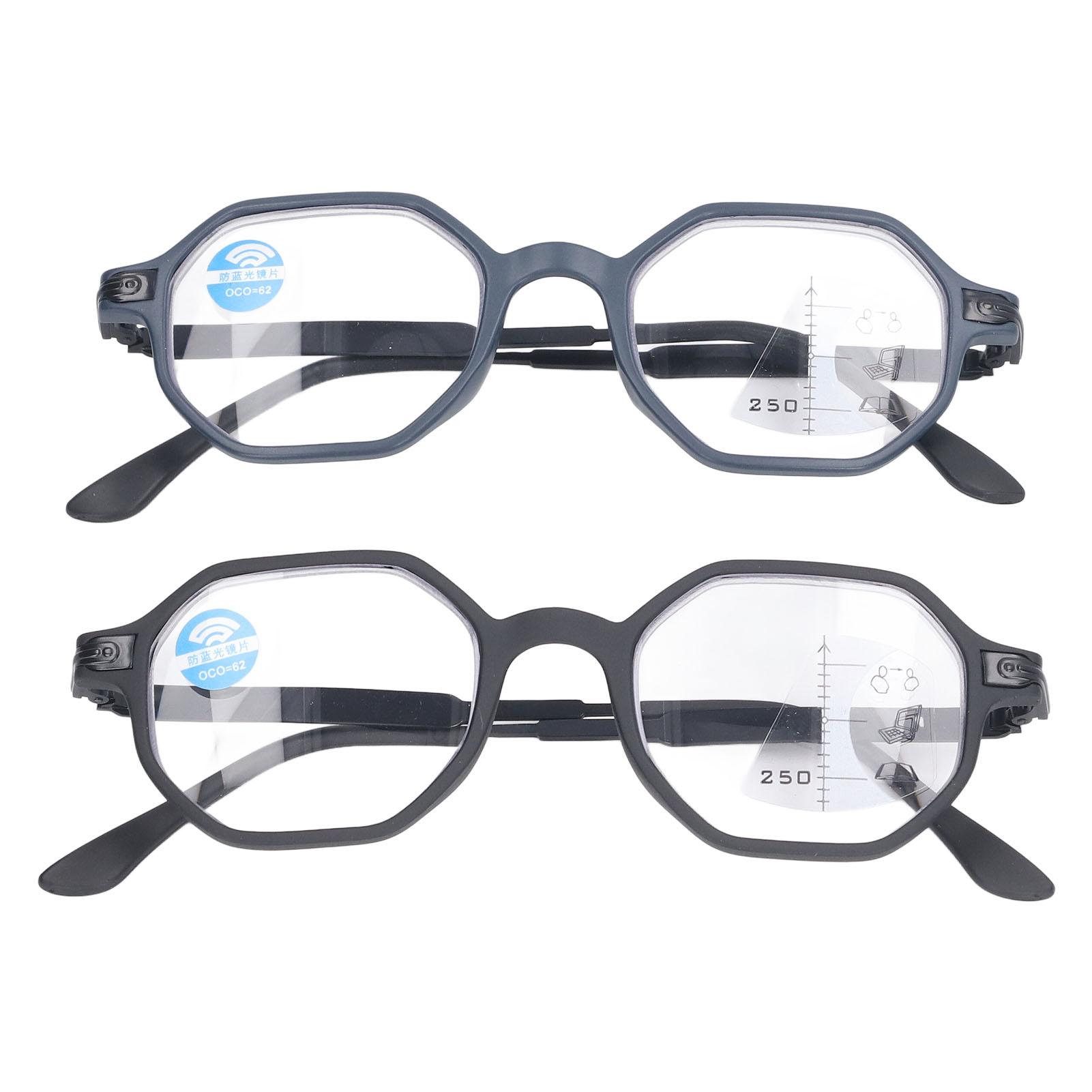 

2 шт. 250 Мультифокусные очки для чтения Предотвращают синее свечение Очки для пожилых людей Черная синяя оправа