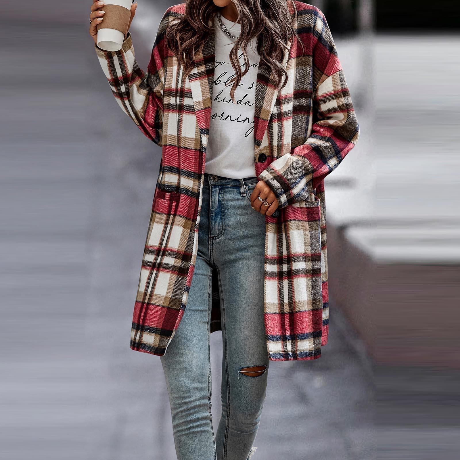 

Женское И Зимнее Темпераментное Пальто с Карманами в Клетку на Пуговицах с Длинным Рукавом L красный