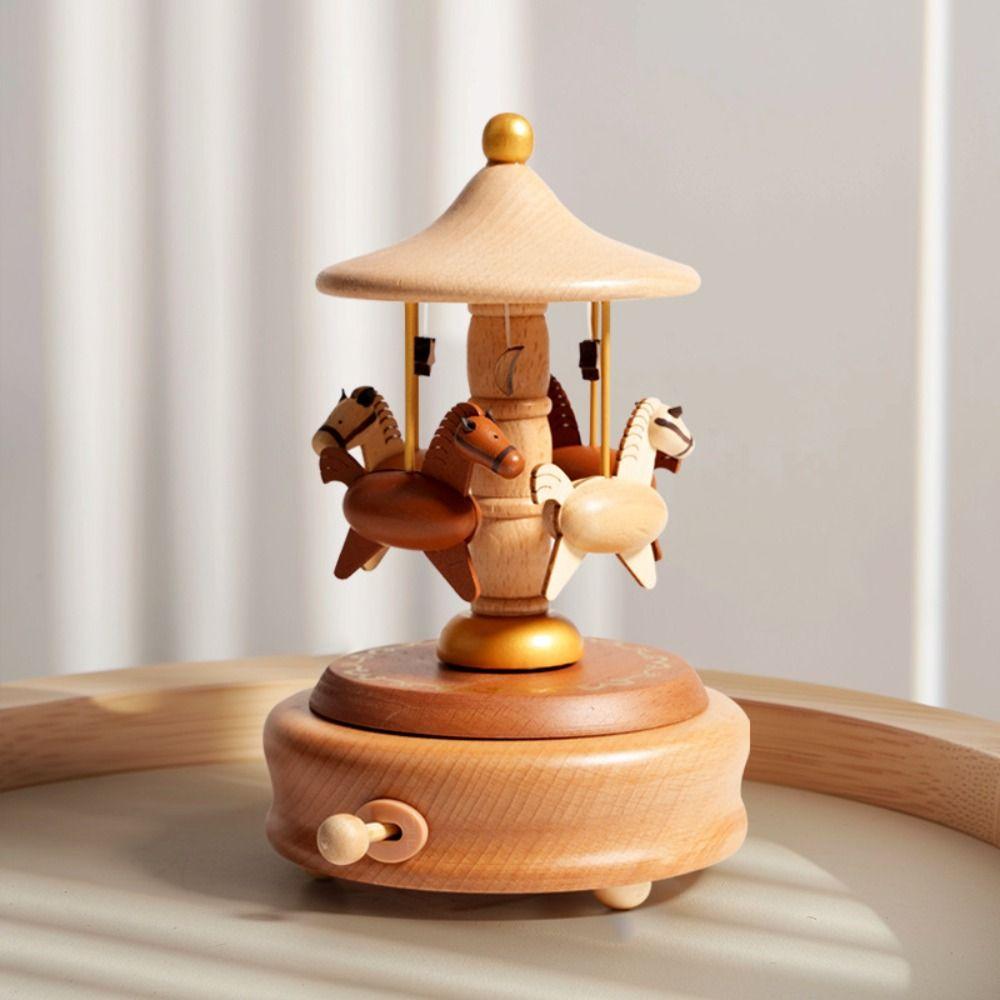 Rotating Carousel Wooden Carousel Music Box Wooden Material Musical Jewelry Box Children's Toys