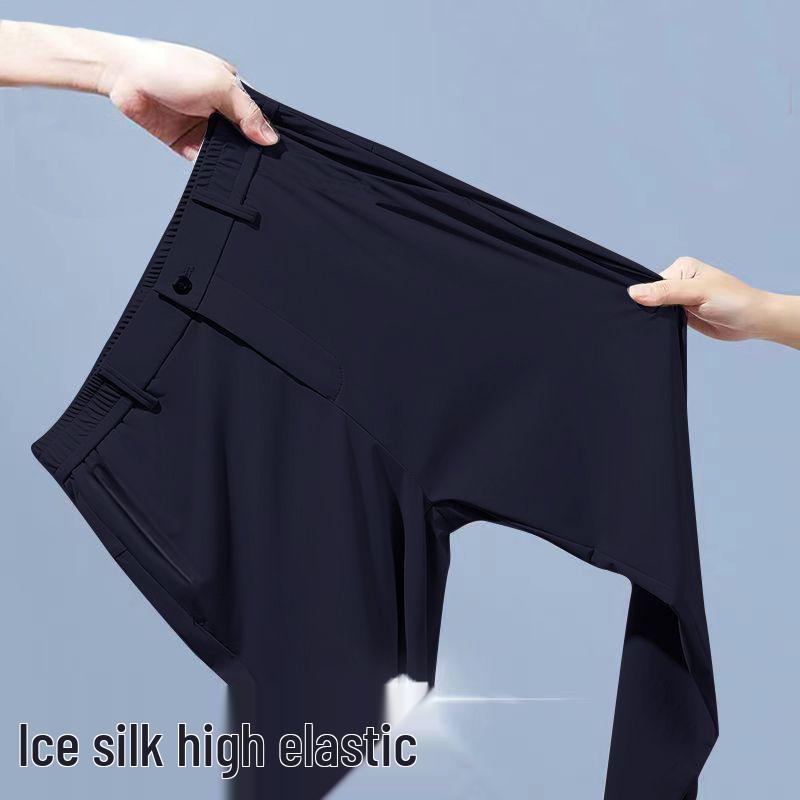 Men's Semi-Elastic High-Stretch Ice Silk Casual Summer Pants - Thin, Straight, Loose, High-End Suit Style