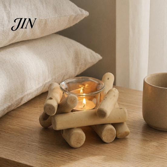 Handmade Wood Candle Holder Wooden Glass Holder, Rustic Driftwood Ornament, Farmhouse Natural Tabletop Decor for Living Room Bedroom Office Gift Matte