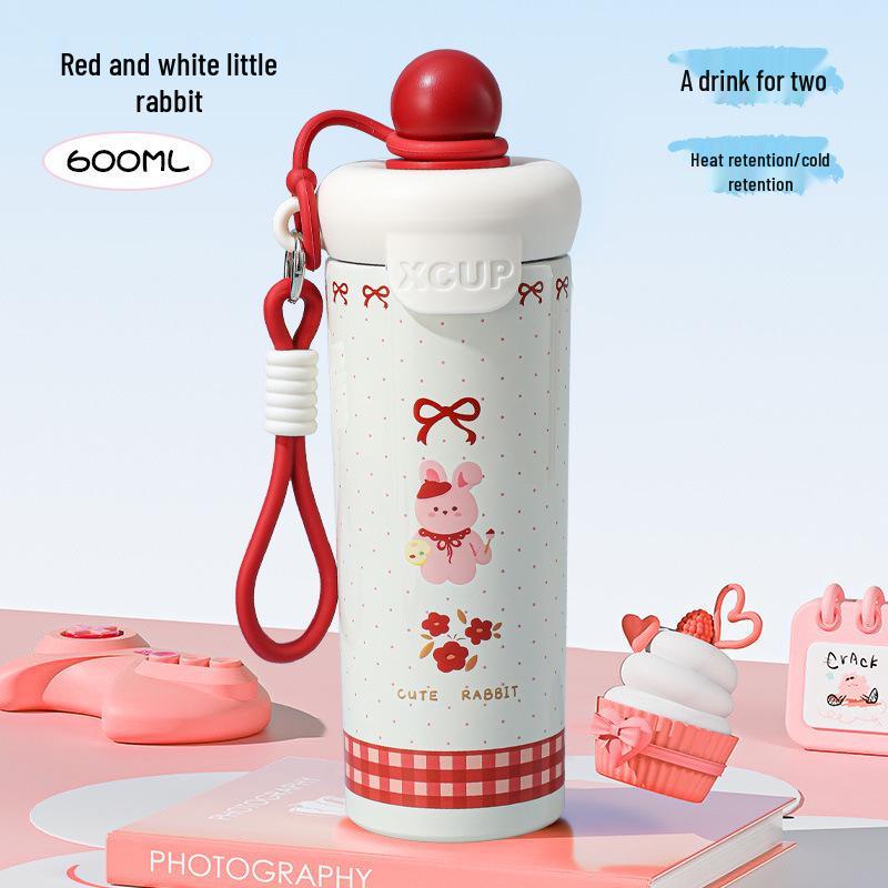 316 Stainless Steel Insulated Straw Cup for Women & Students - Cute Cartoon Water Bottle with Handle for Outdoor Use.