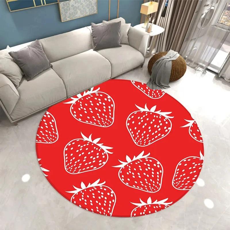 Fruit Strawberry Leaf Area Rug Round Carpet for Office Laundry Study Living Room Bedroom Circle Throw Rugs Non-Slip Floor Mat
