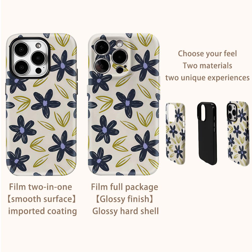 Navy Flower & Olive Leaf Phone Case for IPhone 17AIR 16E 16 15 14 13 12 11 17 Pro Max Plus Double-layer Back Cover