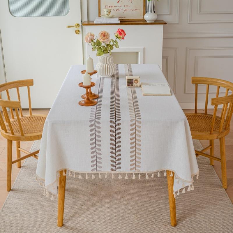 Embroidery High-Grade Waterproof Cotton And Linen Fabric Dining Table Cloth Rectangular Fringe Simple Tablecloth