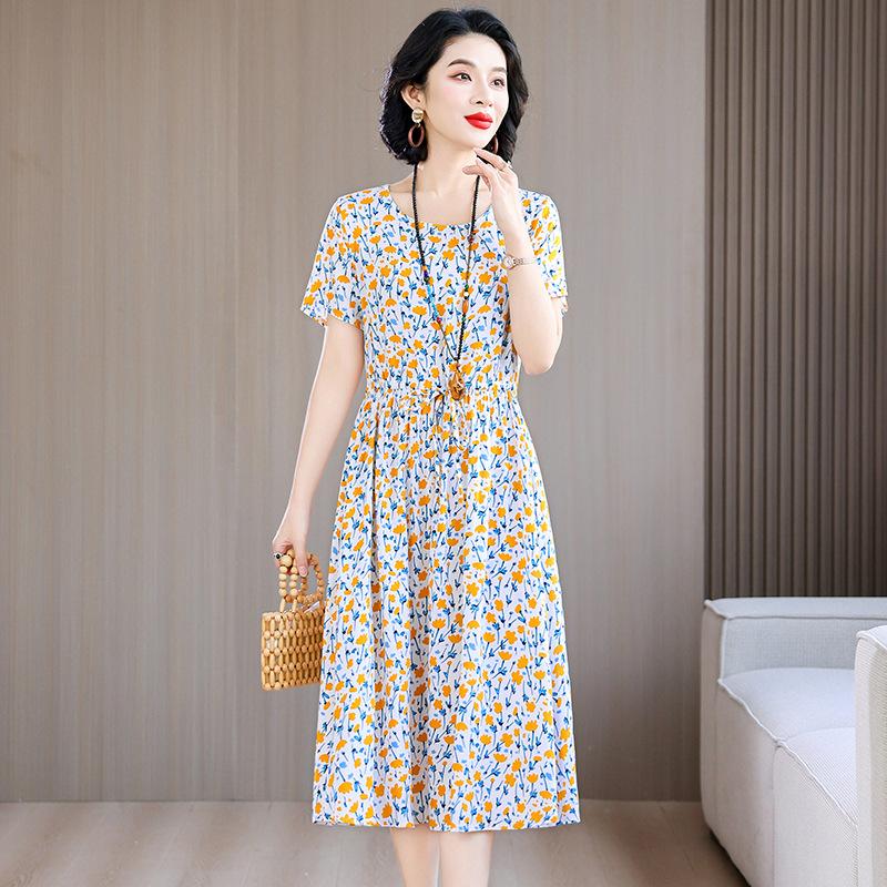 Women's Short Sleeve Midi Dress Round Neck Mid Rise Casual Floral Print A-Line Dress