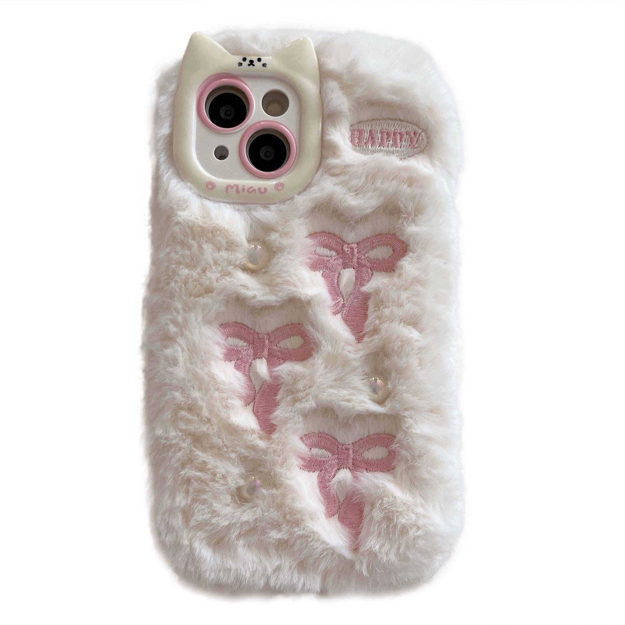 

For iPhone 15 Case 3D Bow Design Pearl Accents Fuzzy Winter TPU Phone Cover A