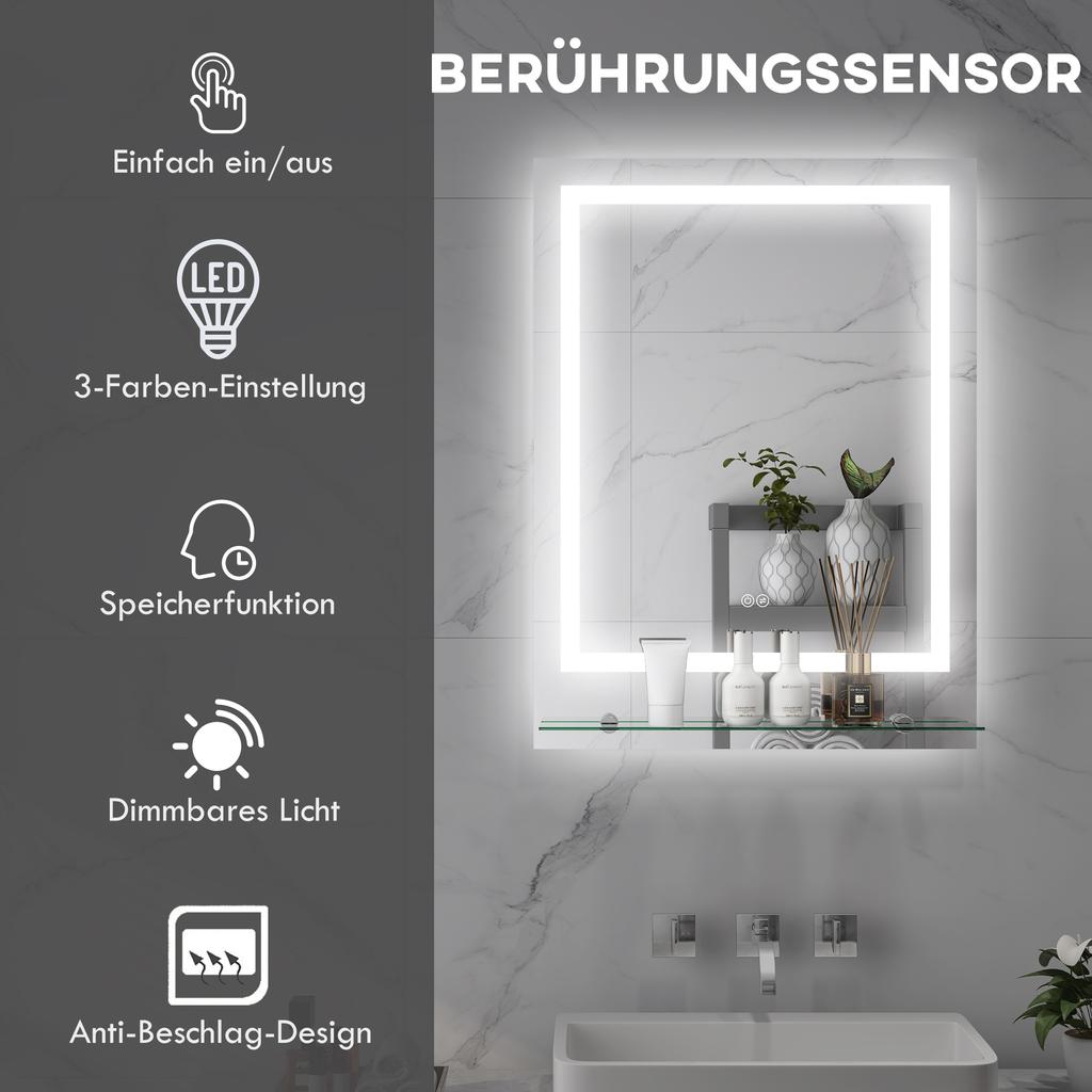 Großer Kosmetikspiegel mit Beleuchtung und Ablage, Beleuchteter Badezimmerspiegel mit 3 Farbhelligkeiten, Intelligente Touch-Steuerung, Antibeschlag