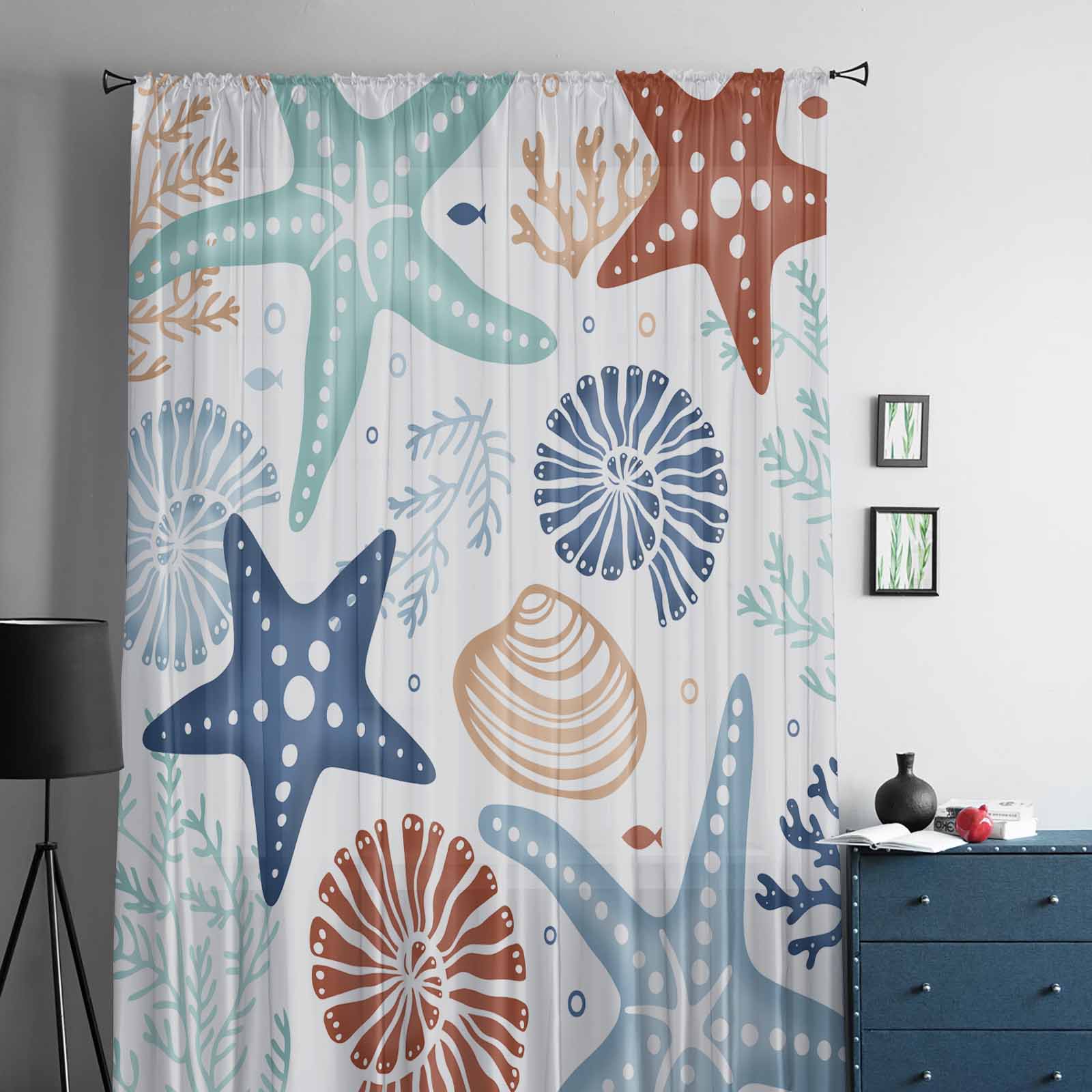 Морские коралловые морские звезды ракушки утки зеленые синие тюль занавески для гостиной — фото 2