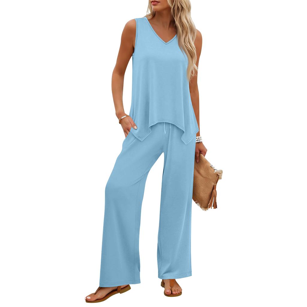 Women Sleeveless Tank Top and Wide Leg Pants Two Piece Set Casual Lounge Wear Travel Vacation Outfit Soft Fabric Relaxed Fit