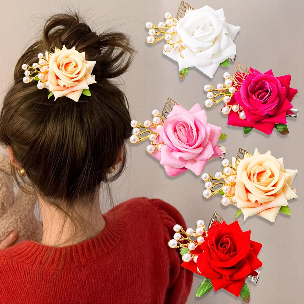 high qualityFive-piece Set Of Women's Elegant Hairpins - Rose Flower Design, Polyester Fiber - Spring & Summer Wedding Bridal Head Accessories | Hand