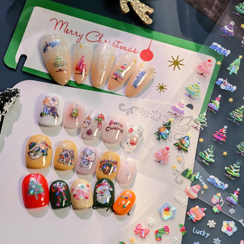 5D Laser Relief Weihnachts-Nagelsticker Schneeflocken Weihnachtsmann Elch Weihnachtsbaum Nagelaufkleber Geprägt Winter Weihnachten Maniküre Set